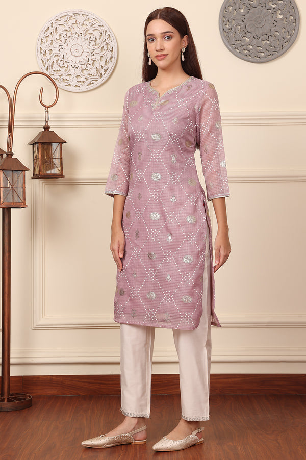 Lilac Foil Printed Kota Doriya Kurta With Zari Embroidered Neck