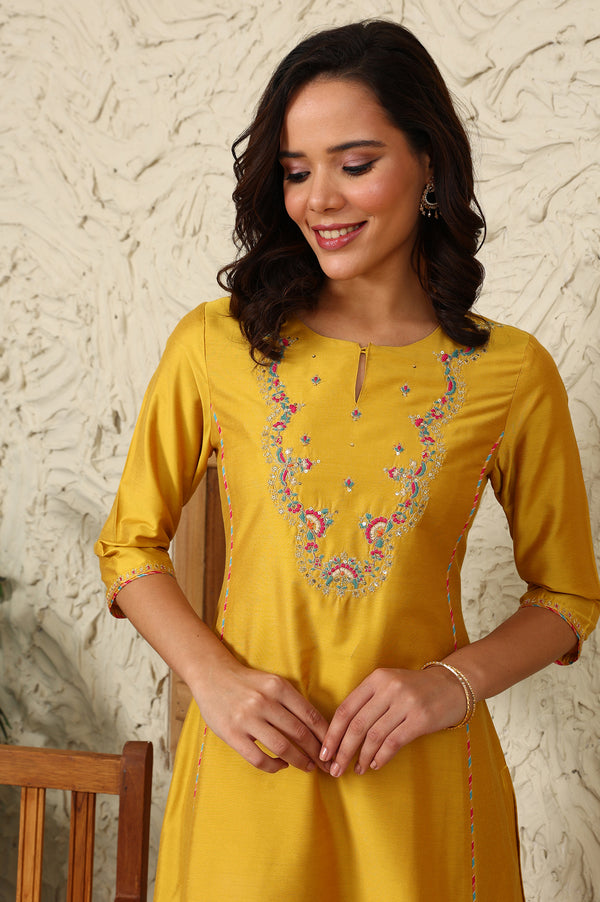 Yellow Solid Dori Embroidered Festive Straight Kurta