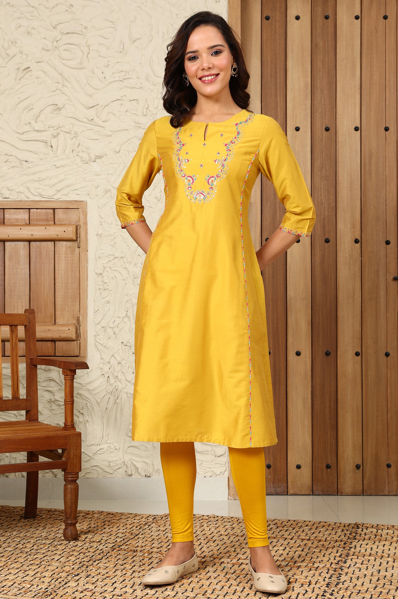 Yellow Solid Dori Embroidered Festive Straight Kurta - wforwoman