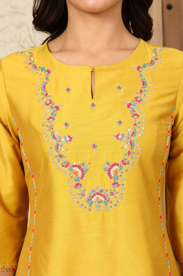 Yellow Solid Dori Embroidered Festive Straight Kurta
