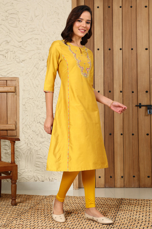 Yellow Solid Dori Embroidered Festive Straight Kurta