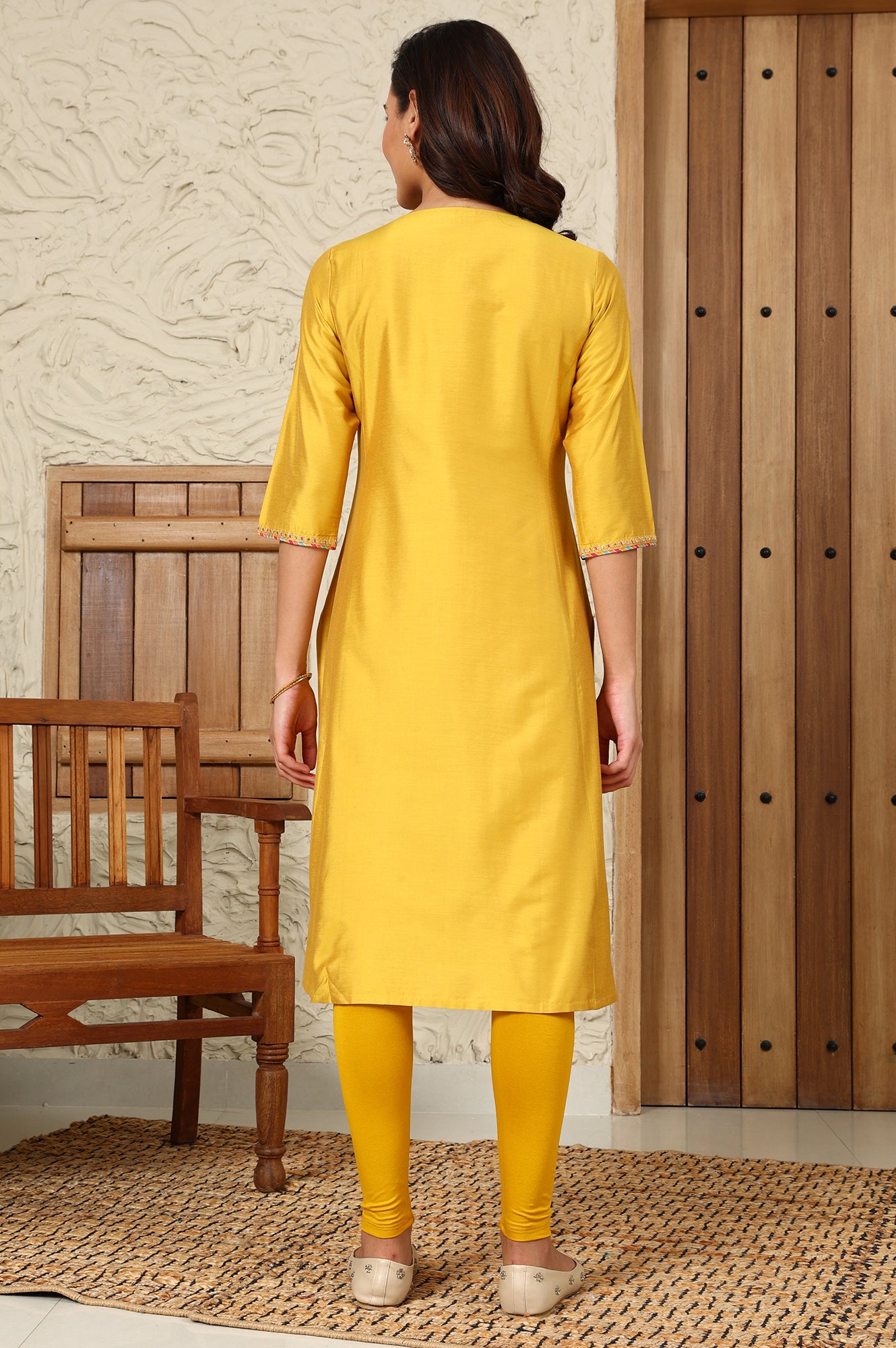Yellow Solid Dori Embroidered Festive Straight Kurta - wforwoman
