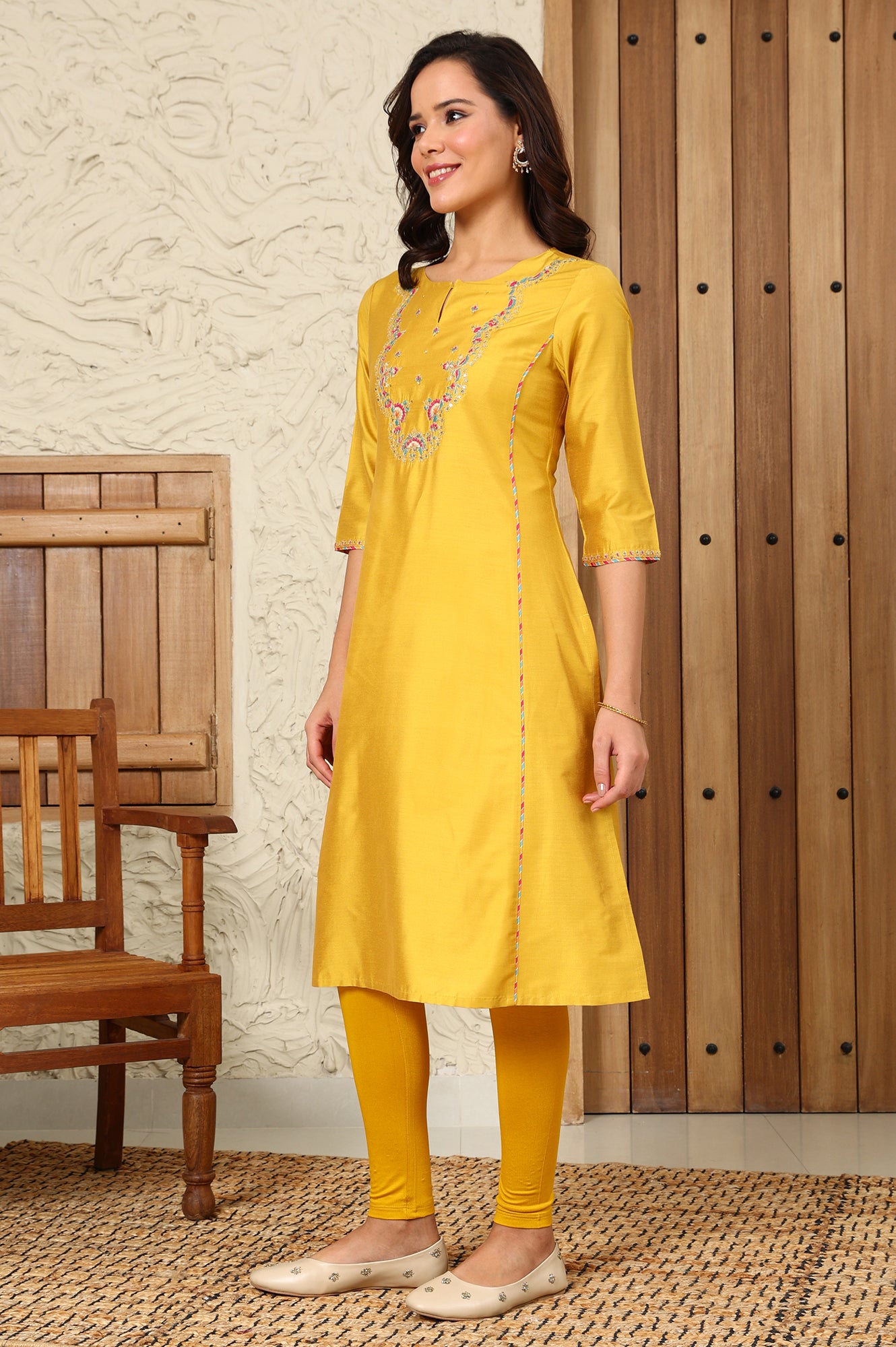 Yellow Solid Dori Embroidered Festive Straight Kurta - wforwoman