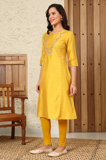 Yellow Solid Dori Embroidered Festive Straight Kurta - wforwoman