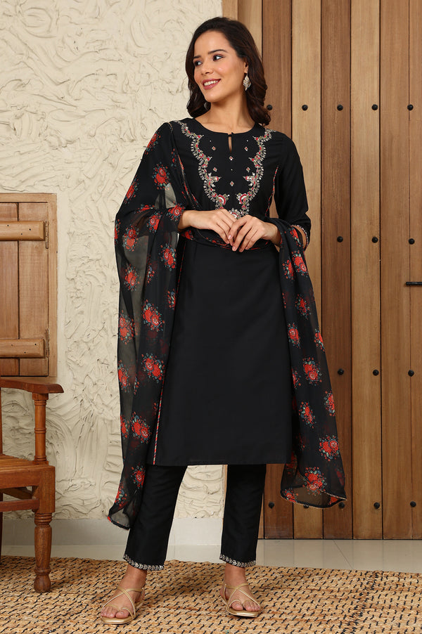 Black Solid Dori Embroidered Festive Straight Kurta