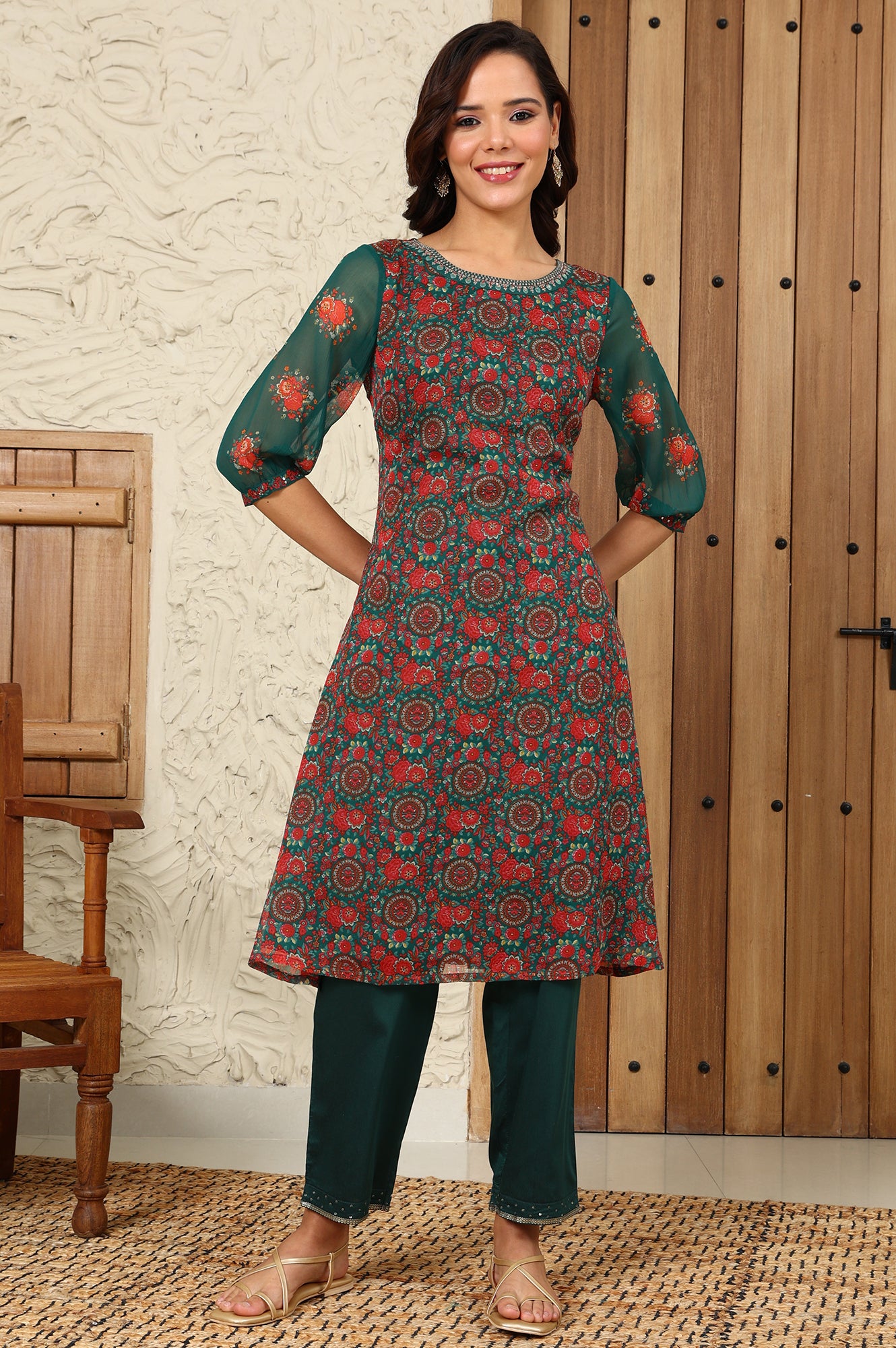 Green Floral Printed Dori Embroidered Chiffon Kurta With Attached Lining - wforwoman