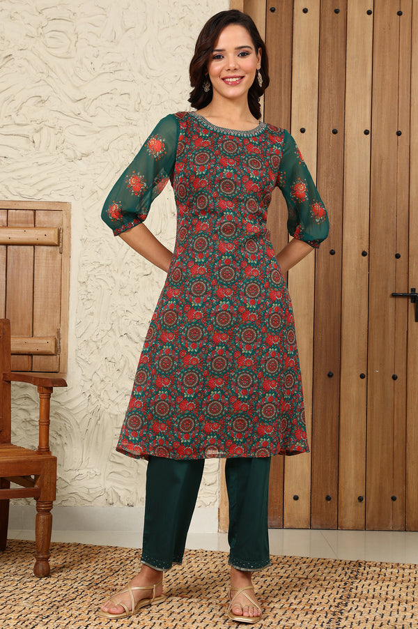 Green Floral Printed Dori Embroidered Chiffon Kurta With Attached Lining
