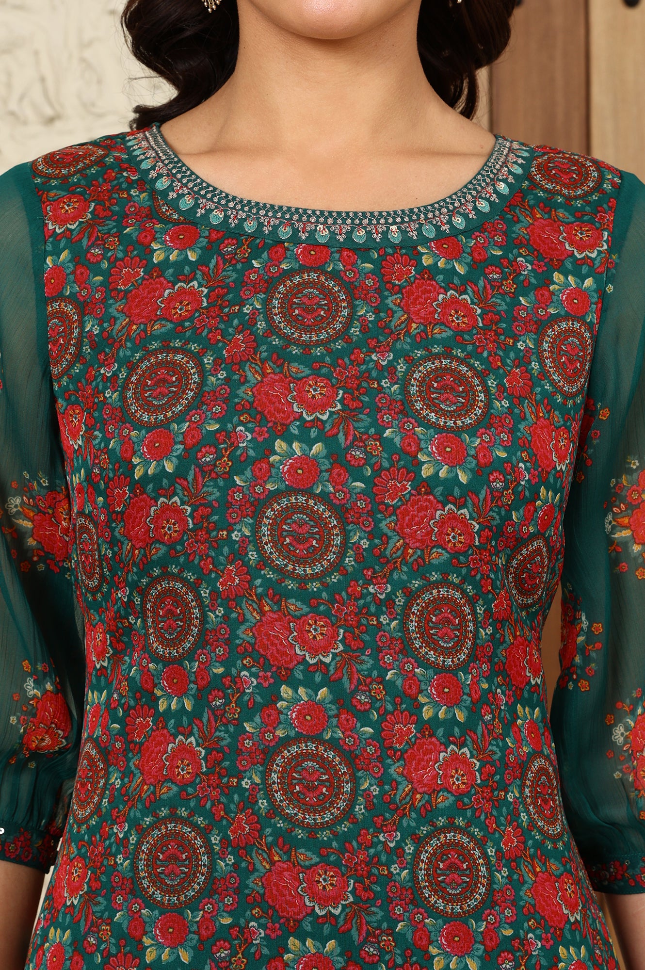 Green Floral Printed Dori Embroidered Chiffon Kurta With Attached Lining - wforwoman