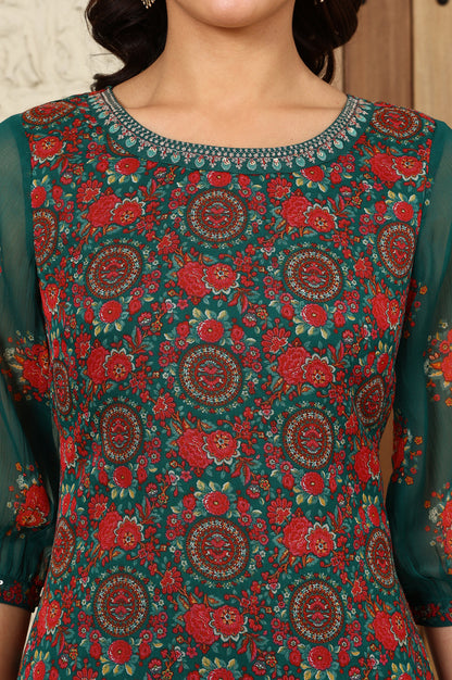 Green Floral Printed Dori Embroidered Chiffon Kurta With Attached Lining - wforwoman