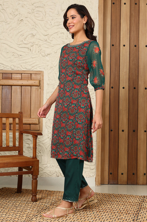 Green Floral Printed Dori Embroidered Chiffon Kurta With Attached Lining