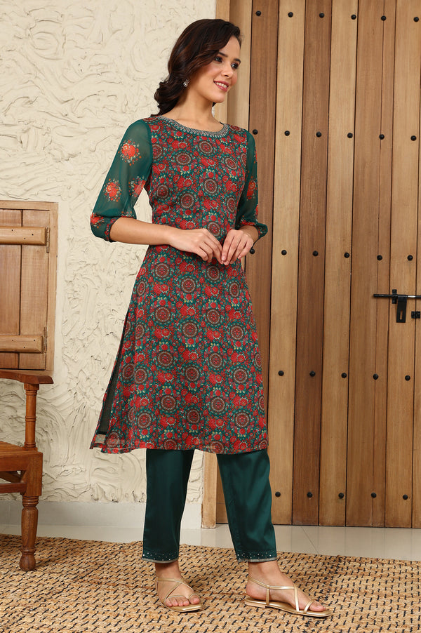 Green Floral Printed Dori Embroidered Chiffon Kurta With Attached Lining