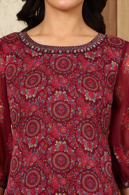 Wine Floral Printed Dori Embroidered Chiffon Kurta With Attached Lining - wforwoman