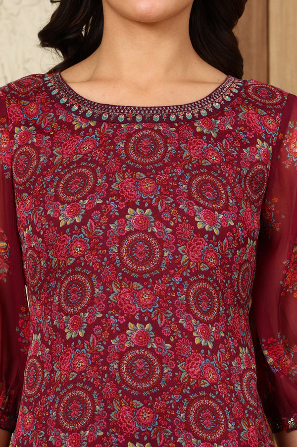 Wine Floral Printed Dori Embroidered Chiffon Kurta With Attached Lining