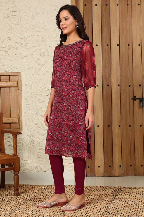 Wine Floral Printed Dori Embroidered Chiffon Kurta With Attached Lining