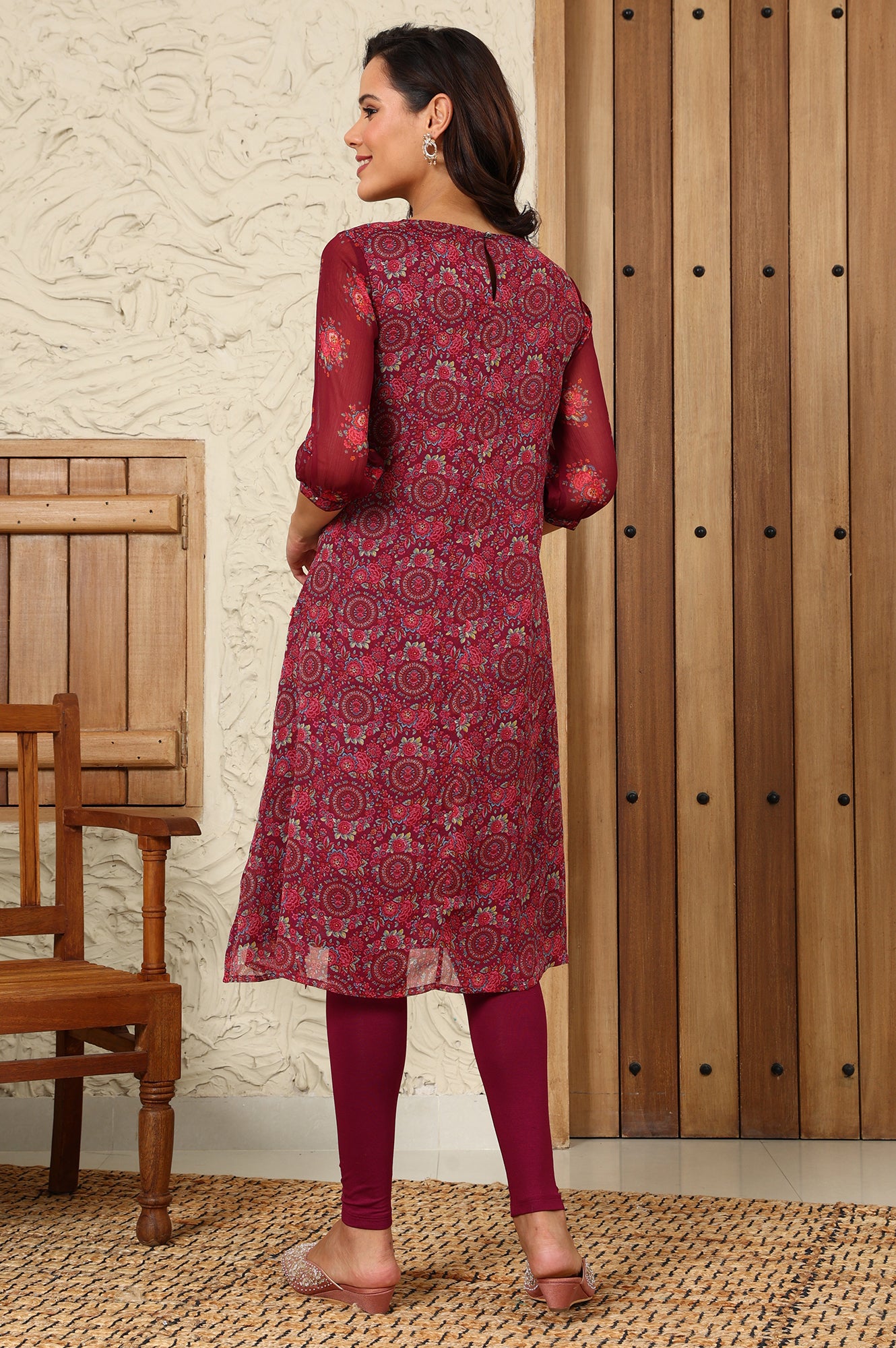 Wine Floral Printed Dori Embroidered Chiffon Kurta With Attached Lining - wforwoman