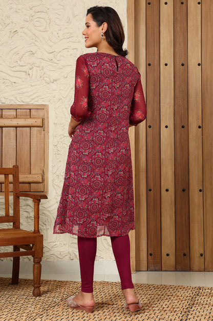 Wine Floral Printed Dori Embroidered Chiffon Kurta With Attached Lining - wforwoman