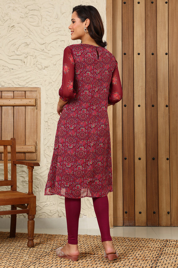 Wine Floral Printed Dori Embroidered Chiffon Kurta With Attached Lining