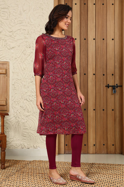 Wine Floral Printed Dori Embroidered Chiffon Kurta With Attached Lining - wforwoman