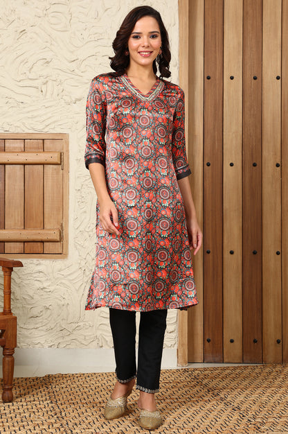 Black Floral Printed Embellished Japanese Satin Straight Kurta - wforwoman