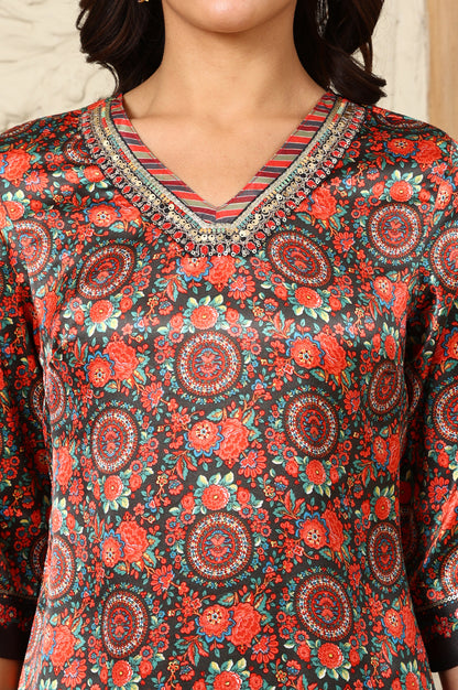 Black Floral Printed Embellished Japanese Satin Straight Kurta - wforwoman