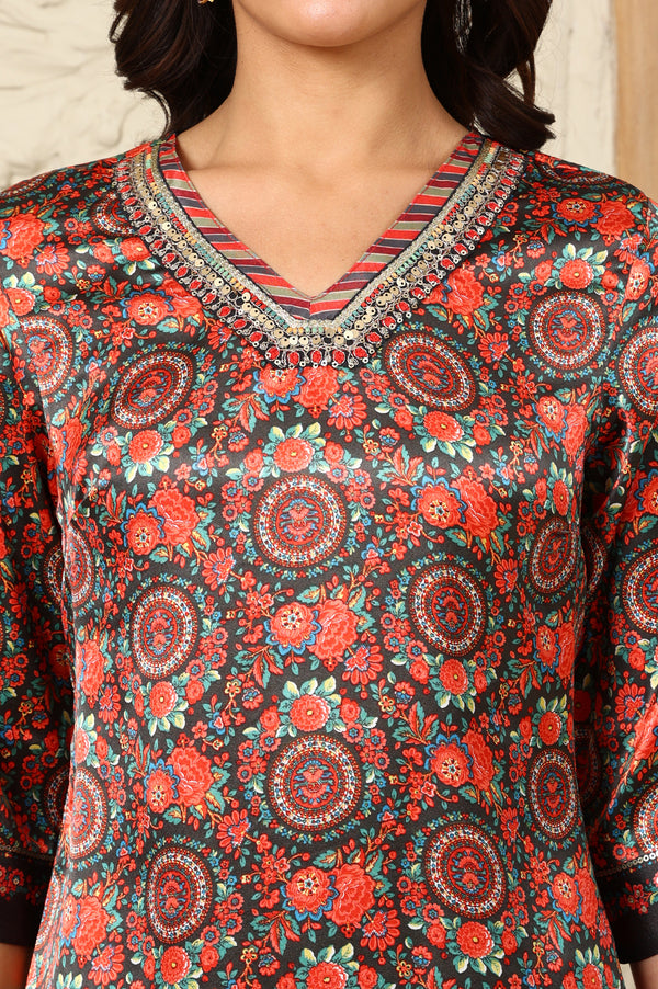 Black Floral Printed Embellished Japanese Satin Straight Kurta