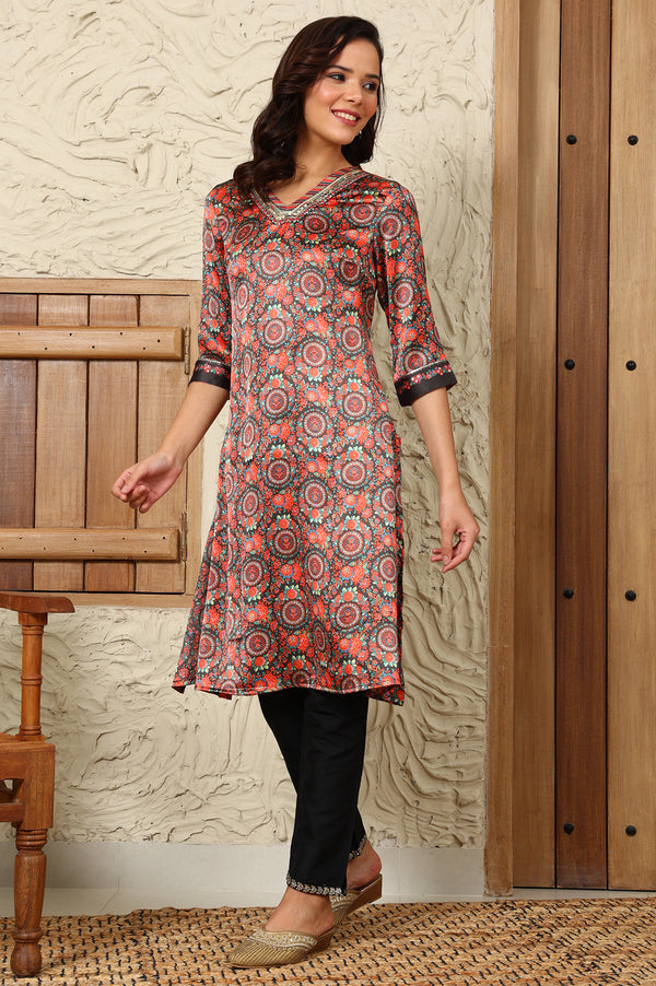 Black Floral Printed Embellished Japanese Satin Straight Kurta