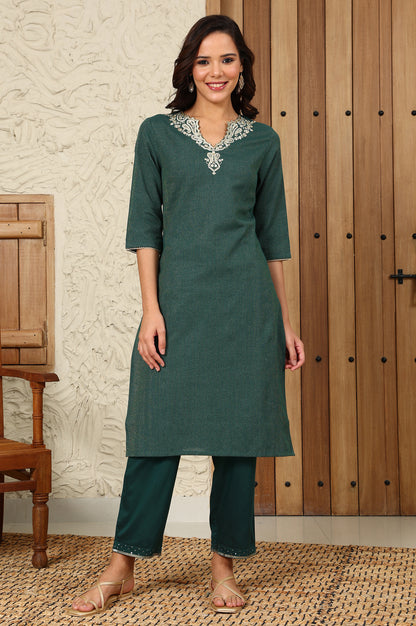 Green Striped Yarn-Dyed Embroidered Straight Cotton Kurta