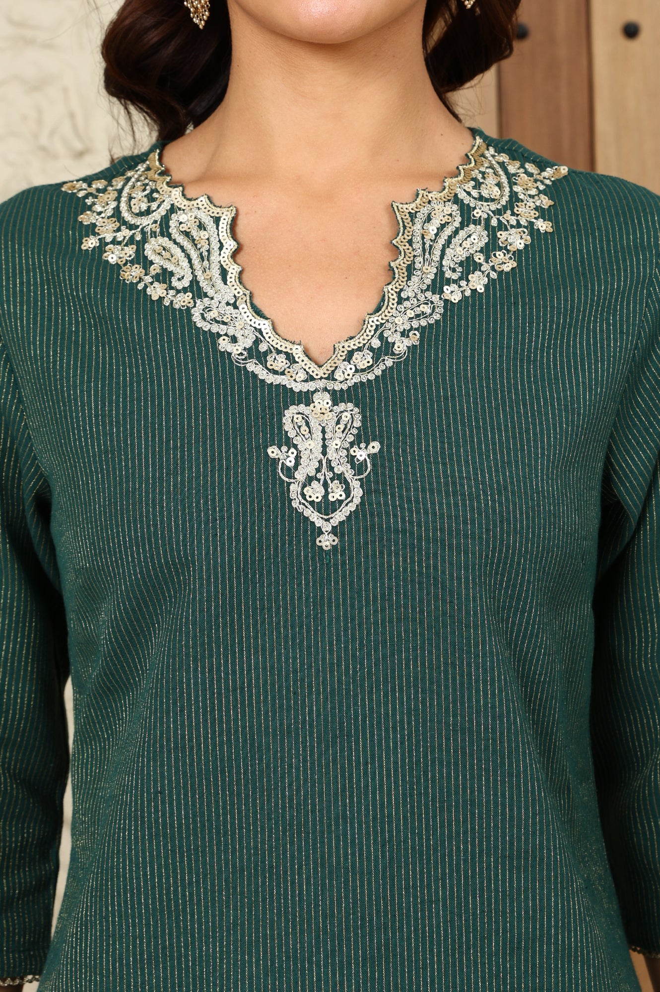 Green Striped Yarn-Dyed Embroidered Straight Cotton Kurta