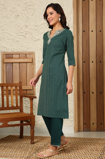 Green Striped Yarn-Dyed Embroidered Straight Cotton Kurta