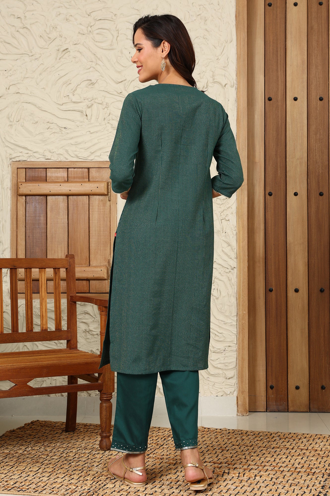 Green Striped Yarn-Dyed Embroidered Straight Cotton Kurta
