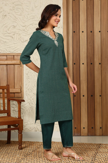 Green Striped Yarn-Dyed Embroidered Straight Cotton Kurta