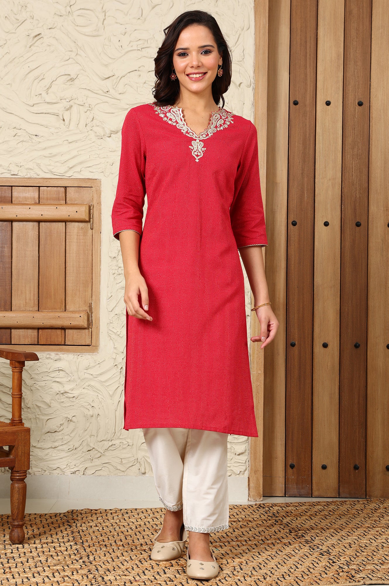Fuchsia Pink Yarn-Dyed Embroidered Cotton Flax Straight Kurta With Lurex Stripes - wforwoman