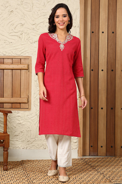 Fuchsia Pink Yarn-Dyed Embroidered Cotton Flax Straight Kurta With Lurex Stripes - wforwoman