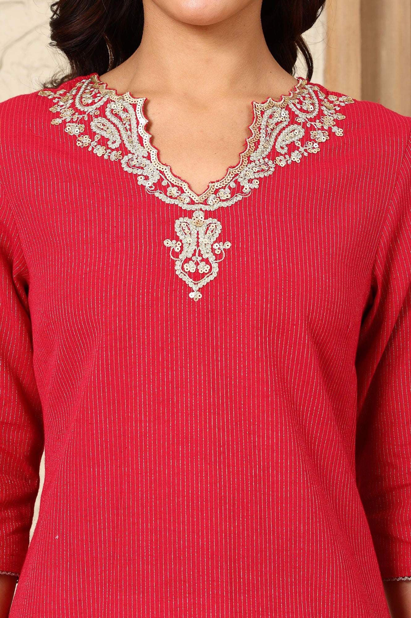 Red Striped Yarn-Dyed Embroidered Straight Cotton Kurta