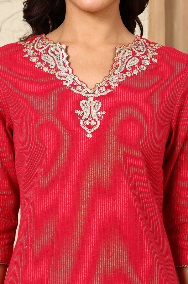 Red Striped Yarn-Dyed Embroidered Straight Cotton Kurta