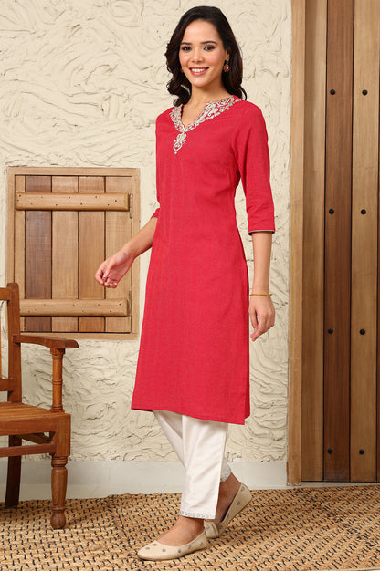 Fuchsia Pink Yarn-Dyed Embroidered Cotton Flax Straight Kurta With Lurex Stripes - wforwoman