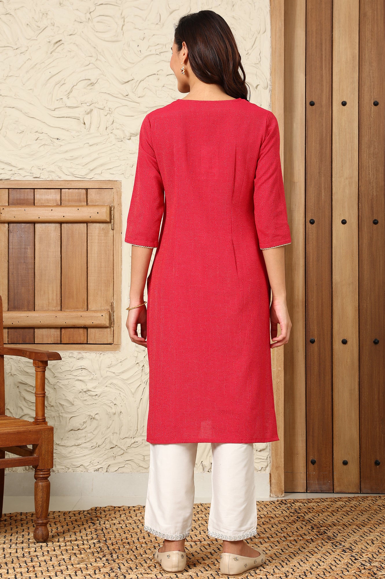 Red Striped Yarn-Dyed Embroidered Straight Cotton Kurta