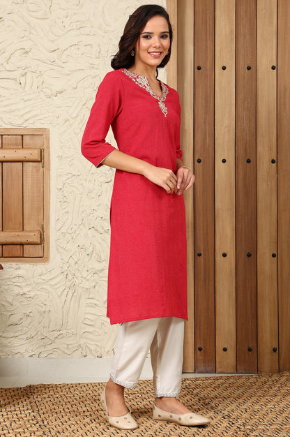 Fuchsia Pink Yarn-Dyed Embroidered Cotton Flax Straight Kurta With Lurex Stripes - wforwoman