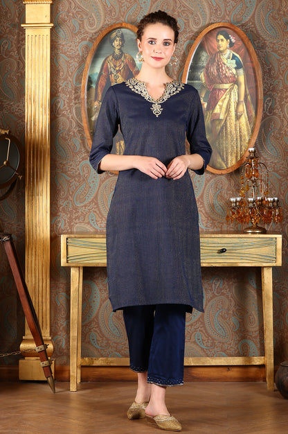 Blue Striped Yarn-Dyed Embroidered Straight Cotton Kurta