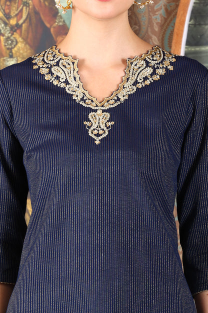 Blue Striped Yarn-Dyed Embroidered Straight Cotton Kurta