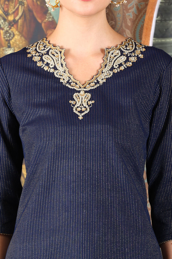 Blue Striped Yarn-Dyed Embroidered Straight Cotton Kurta