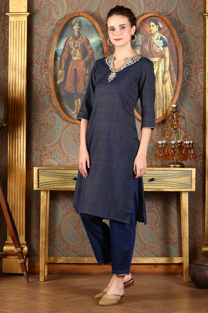 Blue Striped Yarn-Dyed Embroidered Straight Cotton Kurta