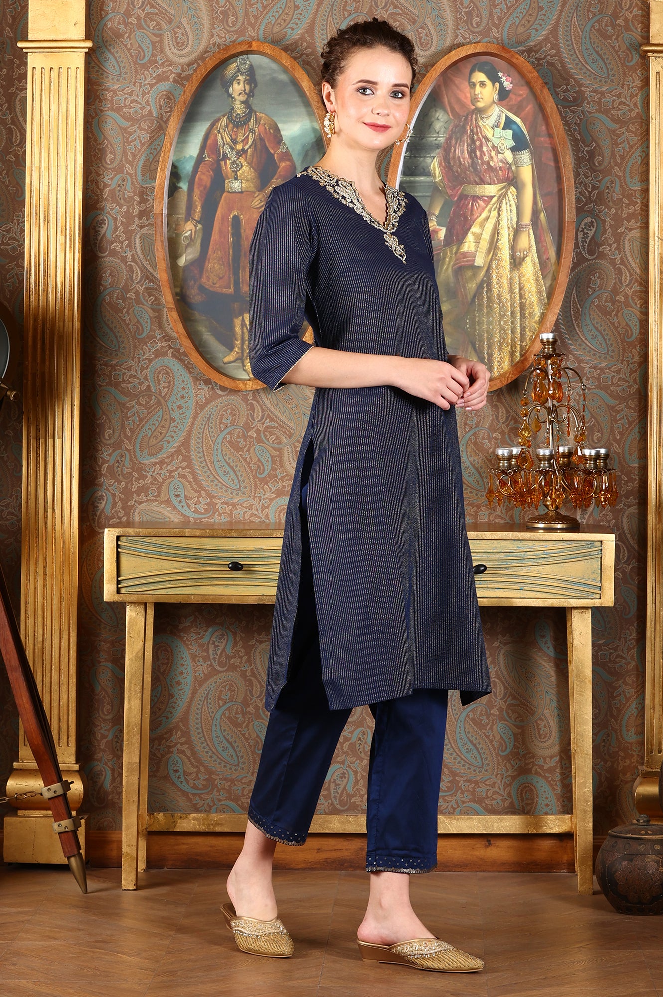 Blue Striped Yarn-Dyed Embroidered Straight Cotton Kurta