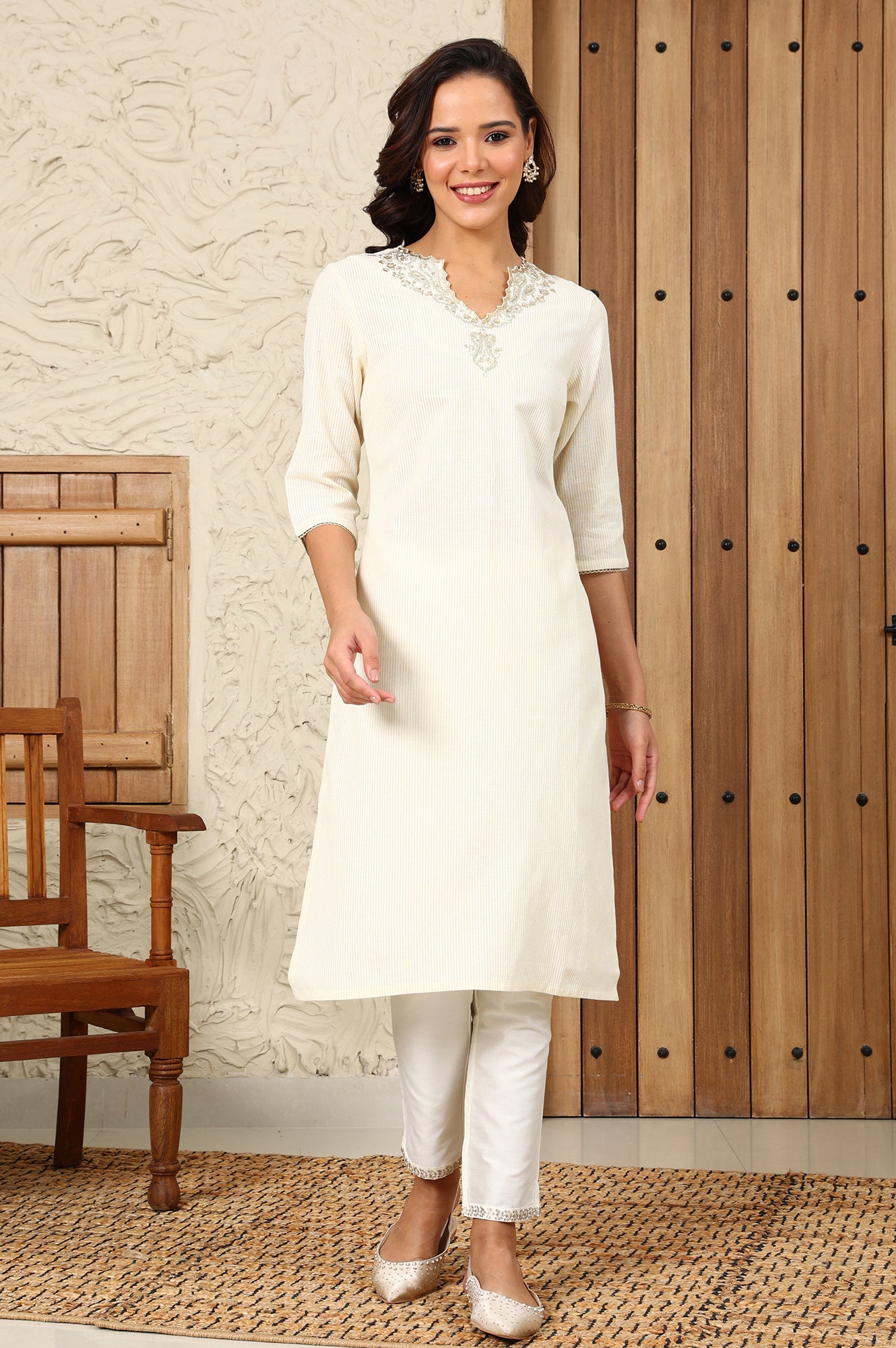 White Striped Yarn-Dyed Embroidered Straight Cotton Kurta