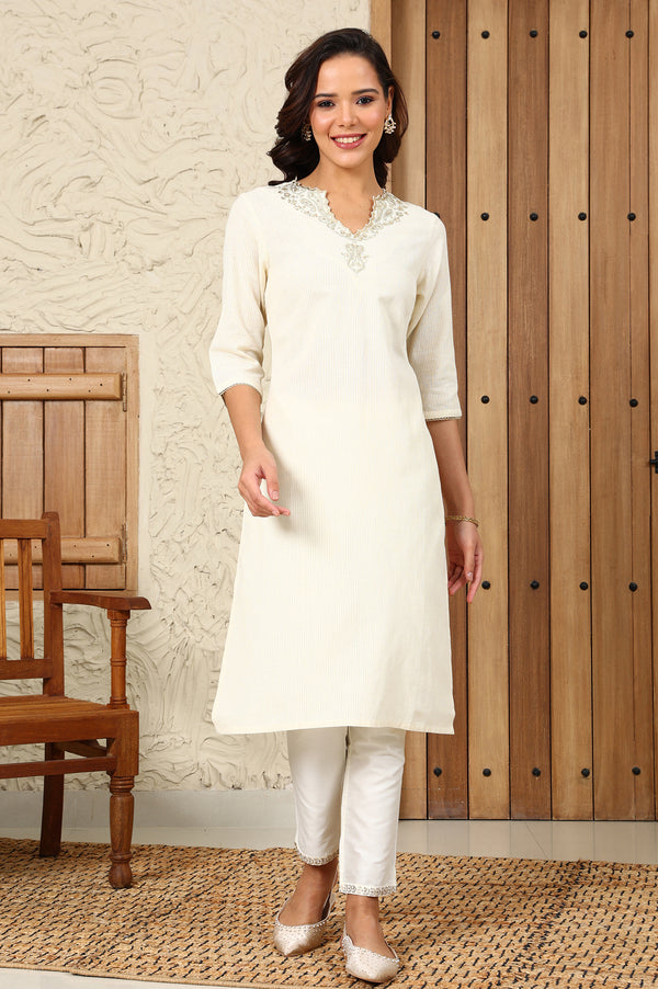 White Yarn-Dyed Embroidered Cotton Flax Straight Kurta With Lurex Stripes