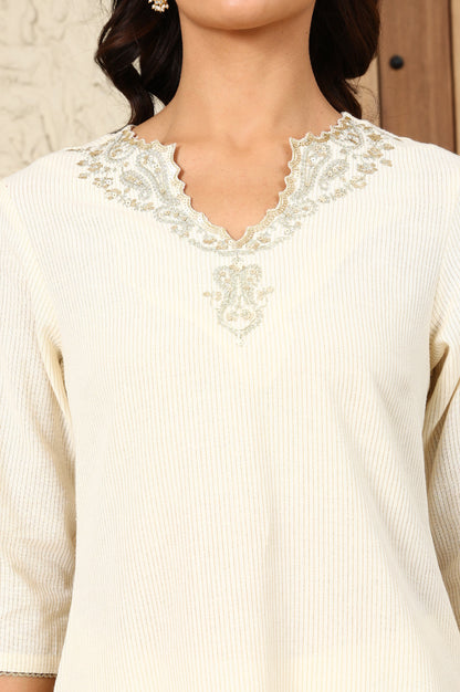 White Striped Yarn-Dyed Embroidered Straight Cotton Kurta