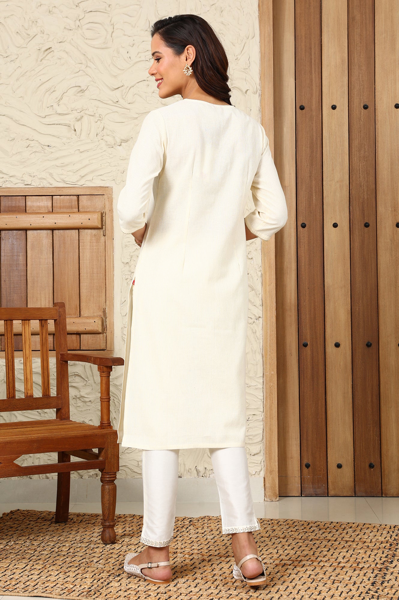White Striped Yarn-Dyed Embroidered Straight Cotton Kurta