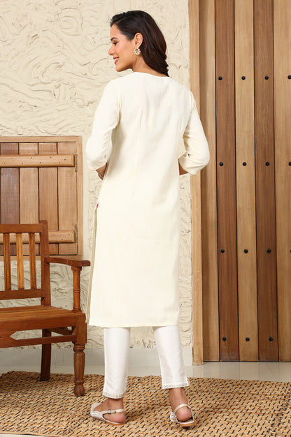 White Striped Yarn-Dyed Embroidered Straight Cotton Kurta