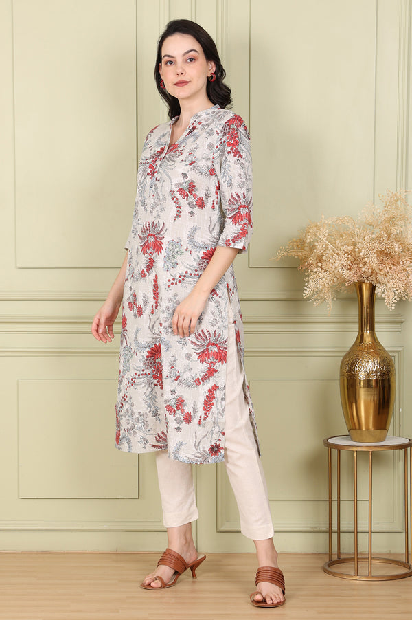 White Floral Printed Pure Cotton Straight Kurta