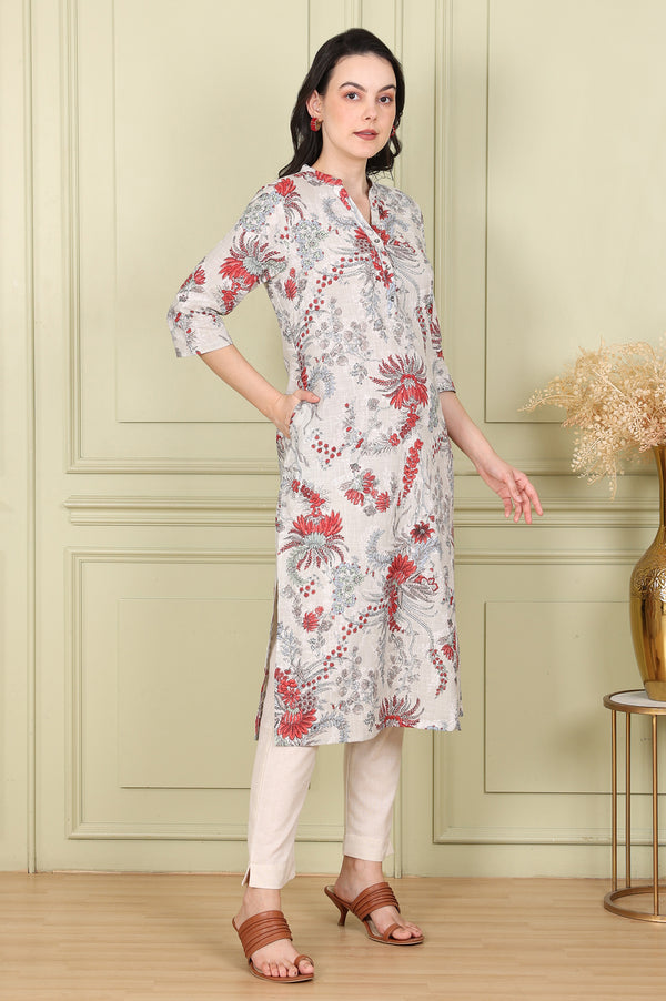 White Floral Printed Pure Cotton Straight Kurta